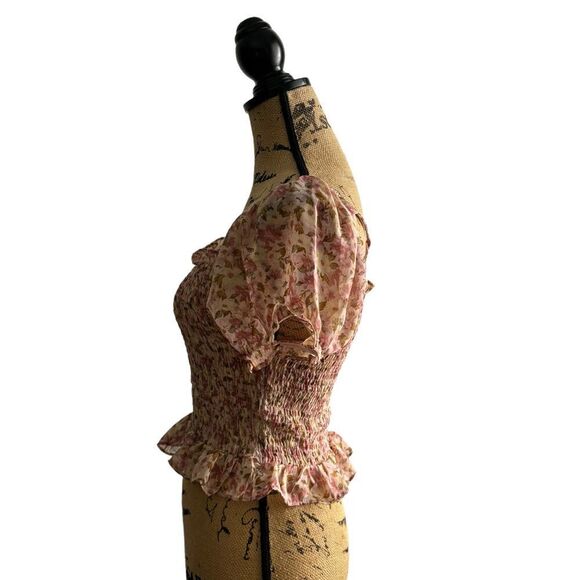 Iris Floral Ruffle Sleeve Ruched Crop Top Size Large NWOT 10 370 - Picture 2 of 6